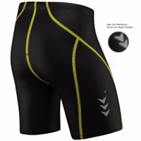 Front view of red cycling shorts for men and women, breathable Lycra and Coolmax fabric, seamless ergonomic design, elastic fit, lightweight and moisture-wicking