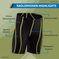 Close-up of red cycling shorts features, showing ergonomic Coolmax chamois, seamless Lycra, elastic waistband, breathable, lightweight, and moisture-wicking