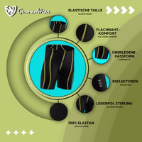 Detailed feature view of red padded cycling shorts, highlighting Coolmax chamois, breathable Lycra, seamless design, elastic fit, and comfort for long-distance cycling