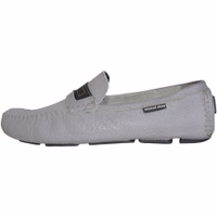 Men's Moccasins leather shoes gray Side view of handmade moccasin leather shoes featuring a short shaft design. Crafted from 100% smooth leather with a soft insole for comfort, these grey nubuck leather driving moc shoes offer a snug fit, perfect for everyday wear.