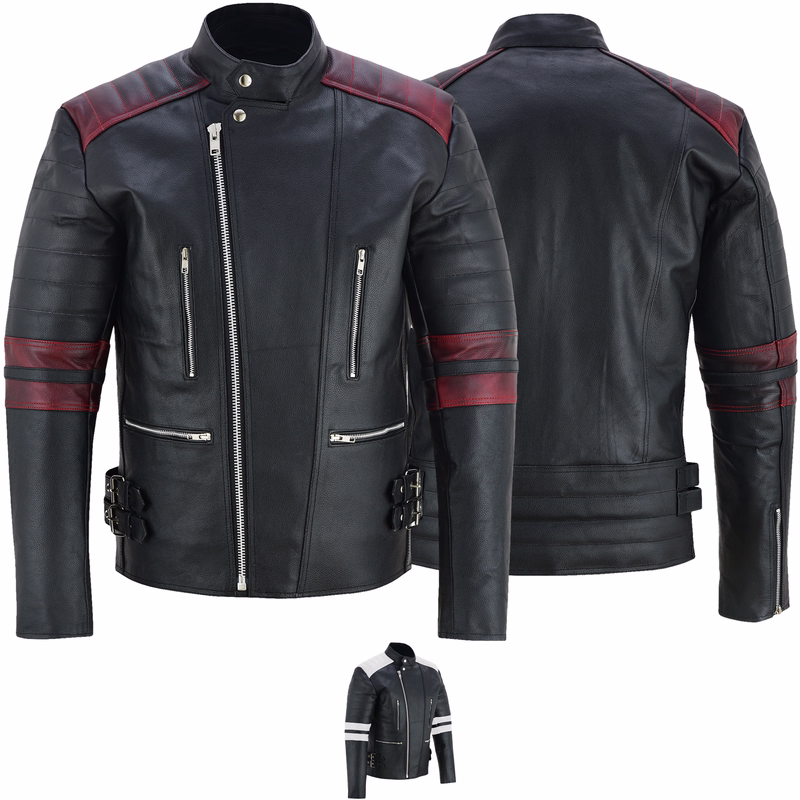 Motorradjacke Retro Vintag Oldschool Lederjacke Men's motorcycle leather jacket, available in black/red color for both front and rear views, is equipped with shoulder, elbow, and back protectors. It also features two front pockets that are closed by hidden zips, along with one inside pocket.