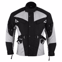 Vorderansicht der BiGXXL-Motorradjacke in Grau, mit Druckknöpfen, 3D-Reißverschluss, verstellbarem zweiteiligem Gürtel, reflektierenden Elementen und Taschen für Schutzkleidung – ideal für große Größen 6XL–9XL.