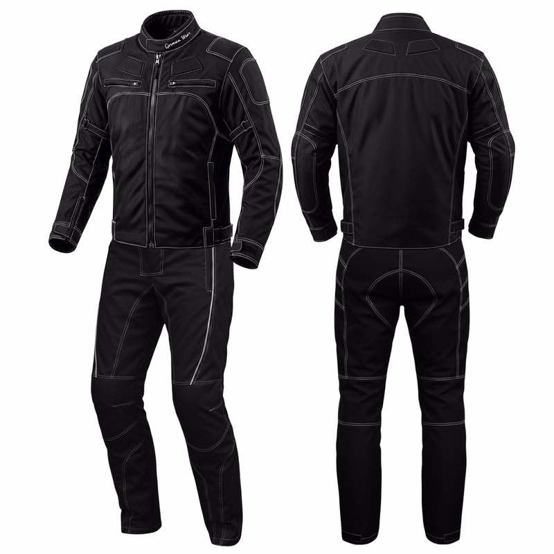 German Wear, Motorrad-Zweiteiler-Set aus Cordura – Jacke & Hose Front & Rear views of Cordura Suit. Ride in style with exclusive Cordura Motorcycle 2-Piece Set. Waterproof, windproof, with removable linings, it's the perfect gear for any weather. Premium Product - Free Return Worldwide