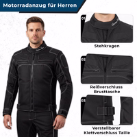 Men's motorcycle suit with a stand-up collar, a zipper on the chest pocket, and an adjustable Velcro fastener at the waist