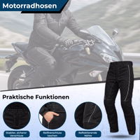 Motorcycle pants with a sturdy fastener, zippered pockets, and reflective stitching, with a motorcyclist in the background