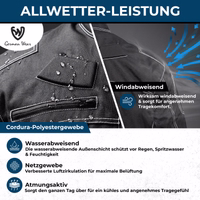 All-weather performance from Cordura polyester fabric: water-repellent against rain, wind-resistant, breathable with mesh fabric