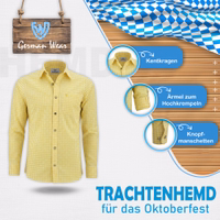 Gelb Herren-Trachtenhemd mit bayerischem Karomuster, Hirschstickerei, hochkrempelbaren Ärmeln und klassischem Kragen
