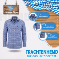 Dunkelblaues Herren-Trachtenhemd mit bayerischem Karomuster, Hirschstickerei, hochkrempelbaren Ärmeln und klassischem Kragen
