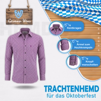Lila Herren-Trachtenhemd mit bayerischem Karomuster, Hirschstickerei, hochkrempelbaren Ärmeln und klassischem Kragen