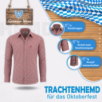 Weinrot Herren-Trachtenhemd mit bayerischem Karomuster, Hirschstickerei, hochkrempelbaren Ärmeln und klassischem Kragen