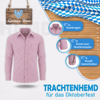 Rosa Herren-Trachtenhemd mit bayerischem Karomuster, Hirschstickerei, hochkrempelbaren Ärmeln und klassischem Kragen