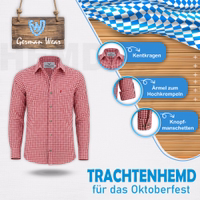 Rot Herren-Trachtenhemd mit bayerischem Karomuster, Hirschstickerei, hochkrempelbaren Ärmeln und klassischem Kragen