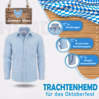 Himmelblau Herren-Trachtenhemd mit bayerischem Karomuster, Hirschstickerei, hochkrempelbaren Ärmeln und klassischem Kragen