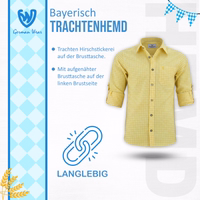Infoansicht eines gelb Trachtenhemdes mit Hirschstickerei, bayerischem Karomuster, klassischem Kragen und Knopfleiste