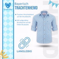 Infoansicht eines Himmelblau Trachtenhemdes mit Hirschstickerei, bayerischem Karomuster, klassischem Kragen und Knopfleiste