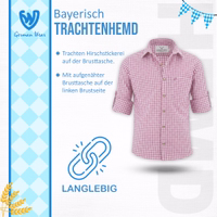 Infoansicht eines Rosa Trachtenhemdes mit Hirschstickerei, bayerischem Karomuster, klassischem Kragen und Knopfleiste