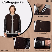 College blouson wool varsity leather jacket Men's college jacket featuring classic contrast stripes, zippered pockets, ribbed cuffs, and an elastic hem