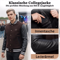 College blouson wool varsity leather jacket Classic men's college jacket featuring detailed images of a quilted inner pocket and sturdy leather sleeves as a graphic design