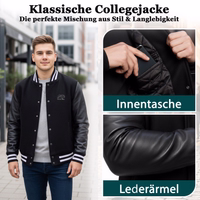 College-Blouson aus Wolle mit Leder-Varsityjacke Klassische Collegejacke für Herren mit Detailbildern einer gesteppten Innentasche und robusten Lederärmeln als Grafik