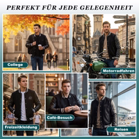 College-Blouson aus Wolle mit Leder-Varsityjacke Detailansicht von schwarzer Wollmischung und Lamm-Nappa-Leder mit Text zu Komfort, Atmungsaktivität und Wärme-Grafik