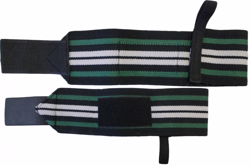 Fitness wrist wraps by German Wear German Wear fitness wrist wraps in black, green, and white. 45cm neoprene wraps with thumb loop and adjustable Velcro closure. Comfortable, durable, and supportive for weightlifting, bodybuilding, and gym training.