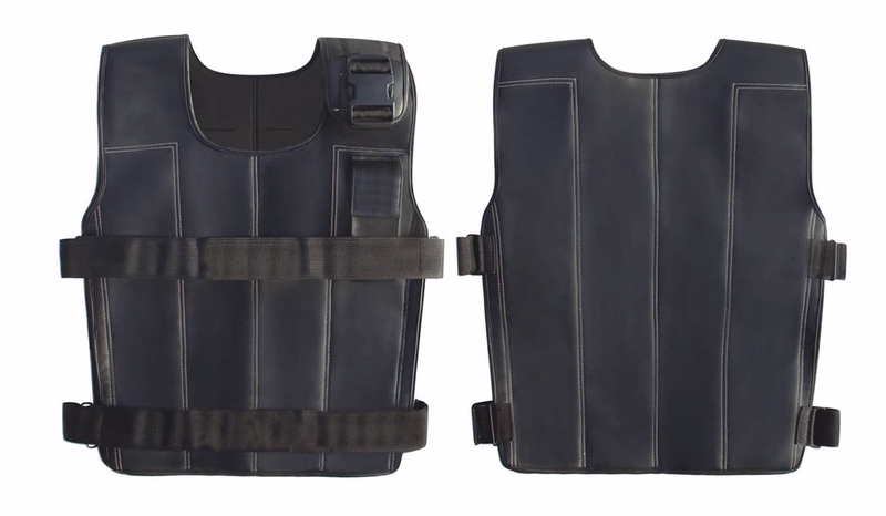 German Wear Fitness Weight Vest Front and back view of German Wear fitness weight black vest made from synthetic leather with neoprene lining, designed for push ups pull ups squats and strength training buy online now