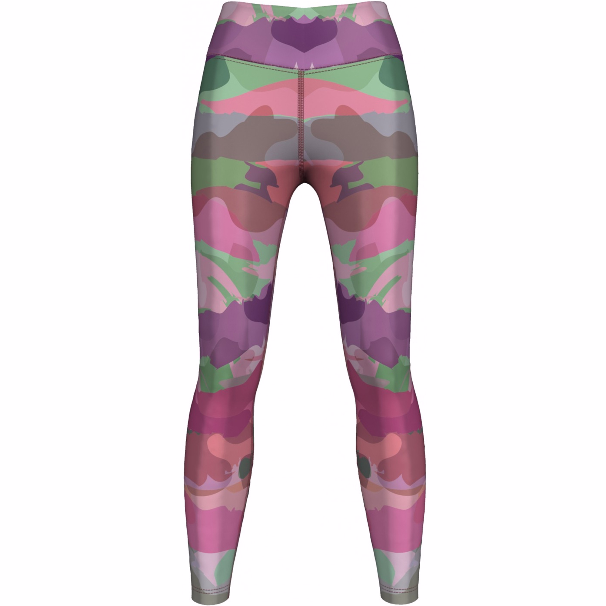 Damen Pink Camo Sportleggings Frontansicht der Damen Pink Camo Sportleggings aus hochwertigem Stretchmaterial mit feuchtigkeitsableitenden Eigenschaften und UV-Schutz. Ideal für Sport und Freizeit. Jetzt online kaufen.