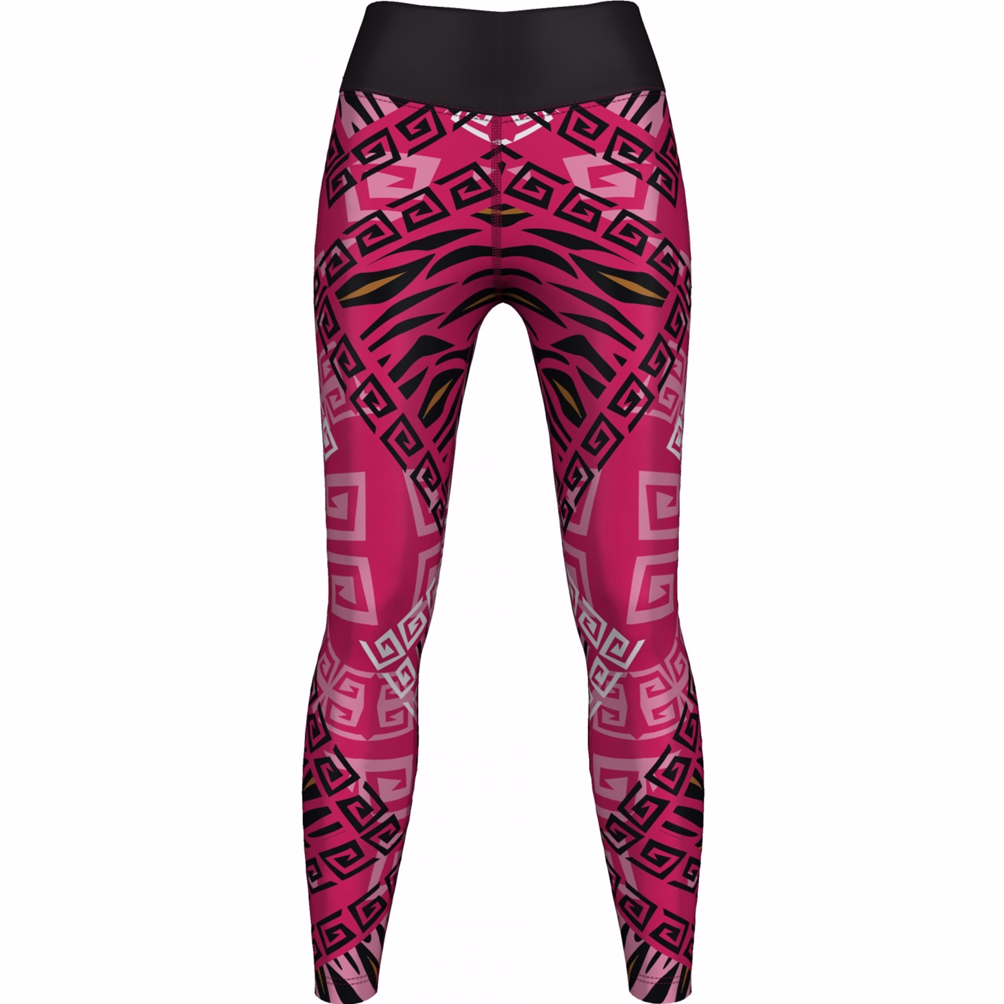 Frontansicht der Damen Pink Camo Sportleggings aus hochwertigem Stretchmaterial mit feuchtigkeitsableitenden Eigenschaften und UV-Schutz. Ideal für Sport und Freizeit. Jetzt online kaufen.