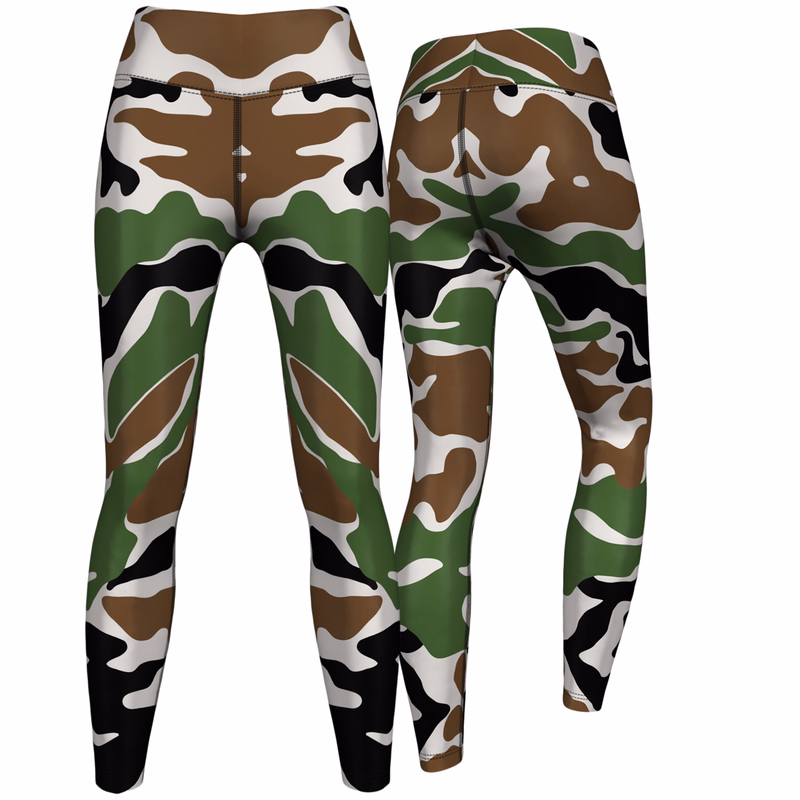 Women’s Camo Sport Leggings Front and back view of Women’s camo sport leggings made with high-stretch polyester elastane for superior comfort and performance in brown and green camouflage designs. Buy now leggings online.