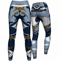 Women’s Blue Camo Sports Leggings Front and back view of Women’s Blue Camo Sports Leggings showcasing premium polyester elastane blend with compression fit breathable fabric and UV protection for training yoga or gym buy now leggings