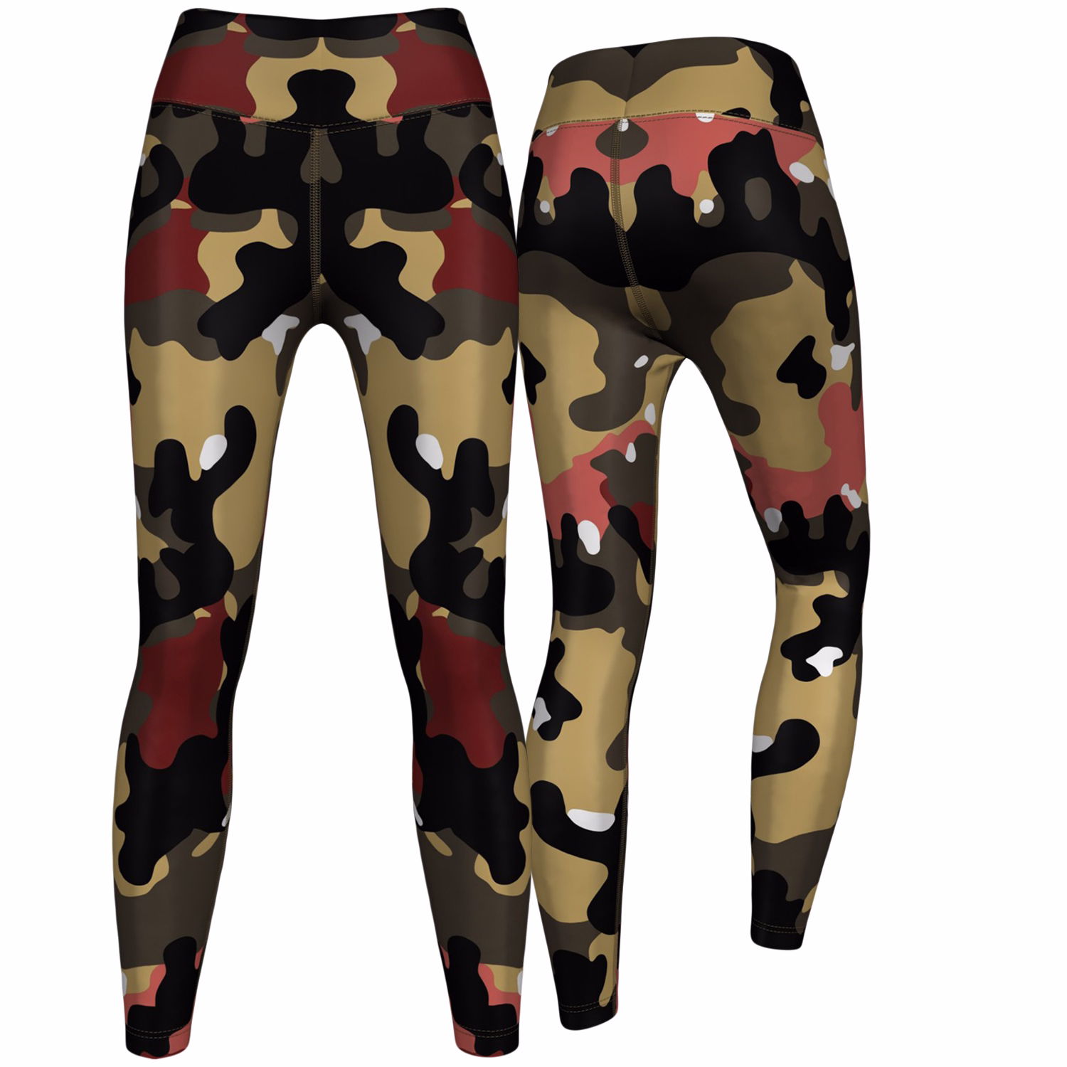 Front- und Rückansicht der Damen Camo Sportleggings aus hochdehnbarem Stoff mit grünem Camouflage-Design, das Komfort und Stil für Gym, Yoga und Freizeit bietet. Jetzt online kaufen.