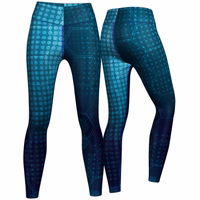Vorder- und Rückansicht der Blue Galaxy Sport Leggings für Damen aus atmungsaktivem, dehnbarem Material mit UV-Schutz und schweißableitenden Eigenschaften. Perfekt für Yoga und Fitness. Jetzt Leggings online kaufen.