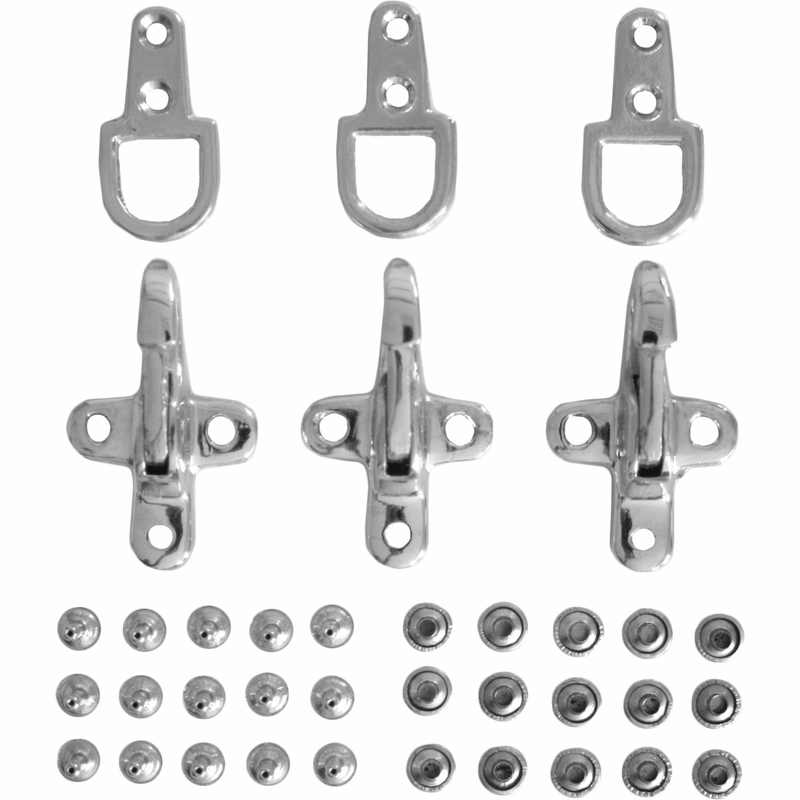Motorcycle vest hooks by German Wear Set of 3 German Wear motorcycle vest hooks and accessories in silver metal, durable replacement carabiner hooks for leather biker vests, including rivets, perfect for repairs or upgrades.