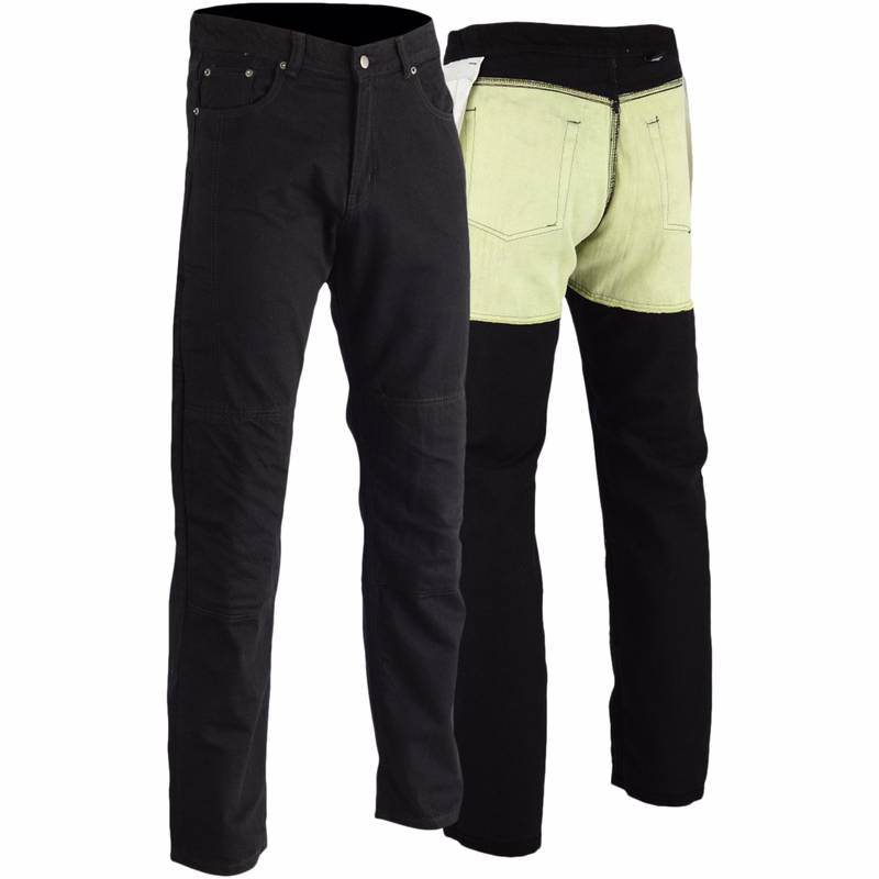 Herren-Motorrad-Jeans. Front- & Rückansicht der Motorbike-Denim-Jeans. Für den Alltag entworfen, mit abnehmbaren Protektoren für maximale Sicherheit. Aus 100 % Baumwoll-Denim, bequem und langlebig. Jetzt zum Rabatt sichern!