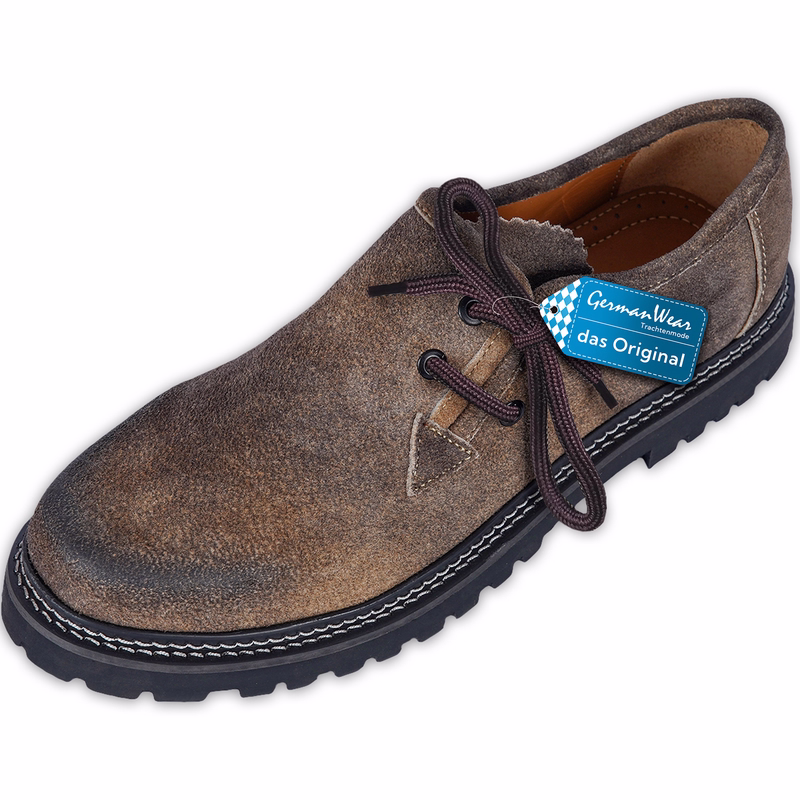 Men's Bavarian Traditioanl Shoes Front view of dark brown handmade haferl shoes with a block heel, featuring a traditional side lace-up design and welted construction, styled to complement traditional German costumes.