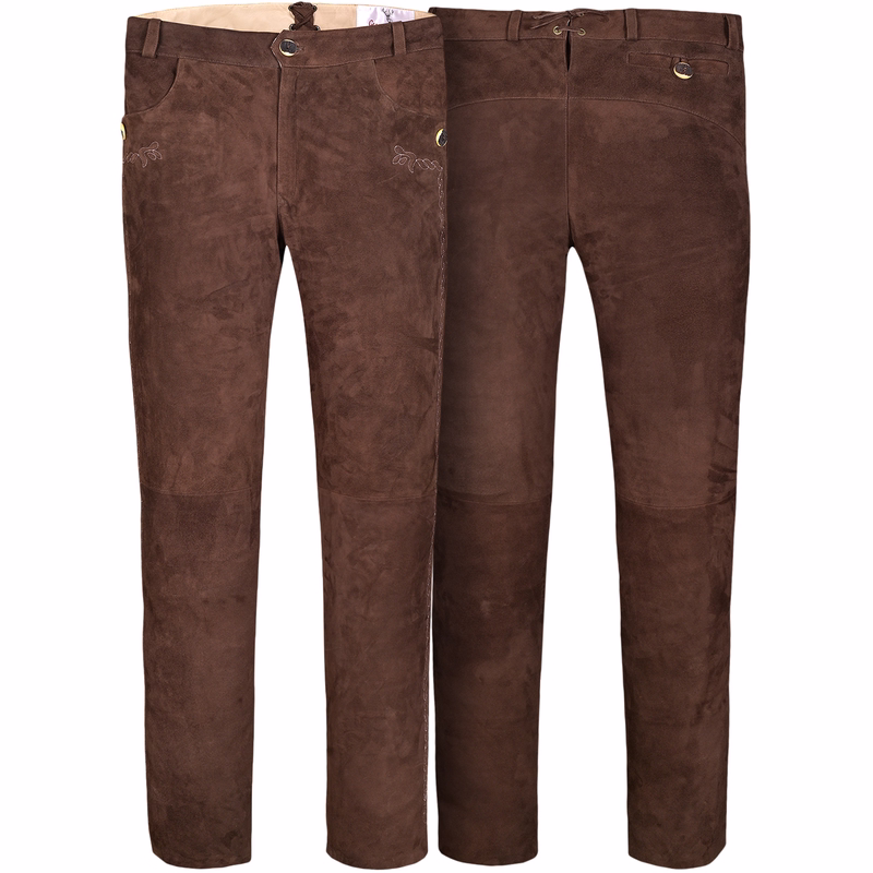 Long leather pants, goat suede, dark brown Authentische bayerische Lederhose aus dunkelbraunem Ziegenwildleder, vorne und hinten abgebildet, mit geflochtener Stickerei, Trachten-Bayerischer Stil und deutscher Handwerkskunst.