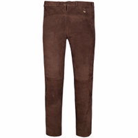 Rückansicht einer langen bayerischen Ziegenlederhose in Dunkelbraun mit geknöpfter Gesäßtasche, Stickdetails und Trachten-Handwerkskunst von German Wear.