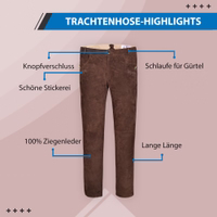Nahaufnahme der geflochtenen Stickerei auf bayerischen Lederhosen, die das feine Ziegenveloursleder, die strapazierfähigen Nähte und die deutsche Trachtenqualität dieser authentischen traditionellen Hose zeigen
