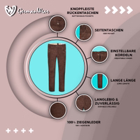 Detailansicht von Bund, Gürtelschlaufen und Schnürung an einer bayerischen Lederhose, die durch funktionales Design, hochwertiges Ziegenveloursleder und authentische traditionelle Trachten besticht.