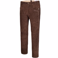 Seitenansicht einer bayerischen Lederhose aus echtem Ziegenwildleder mit detaillierten Stickereien entlang des Beins, die die hochwertige Handwerkskunst und das Trachten-Design unterstreichen.