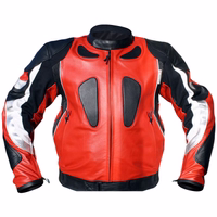 Men's red motorcycle leather jacket with black and white accents, featuring two front pockets, protective padding, and a sporty design. It is ideal for riding and provides high visibility