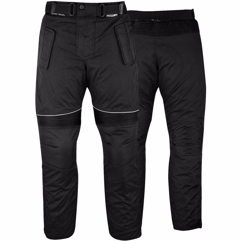German Wear Motorbike Trousers Cordura Pants Textile Combinable - Black German Wear's black Cordura premium motorcycle trousers in front &rear view. Enjoy advanced protection with classic knee and thigh protectors, combined with comfortable ribbed stretch material. Ride in style &safety. Buy online &avail free delivery