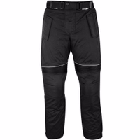 The front view of Black classic Cordura pants offers top-tier protection with hybrid knee and thigh guards. Versatile design allows connection to jackets, while Scotch lite reflectors ensure visibility. Drive confidently with German engineering.