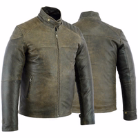 German Wear, Biker Fashion Leather Jacket made of Cracker Leather Men's motorcycle jacket in brown, showcasing both front &rear views. This jacket closes at the top of the collar with a two-step snap system & zipper, crafted meticulously from cracker leather with a polyester inner lining.