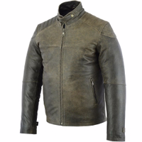 German Wear, Biker Fashion Leather Jacket made of Cracker Leather Men's motorcycle jacket in brown color, as viewed from the front & side. This jacket features sleeves that can be narrowed by a two-stage press-stud system & leather patches are beautifully stitched on the shoulders