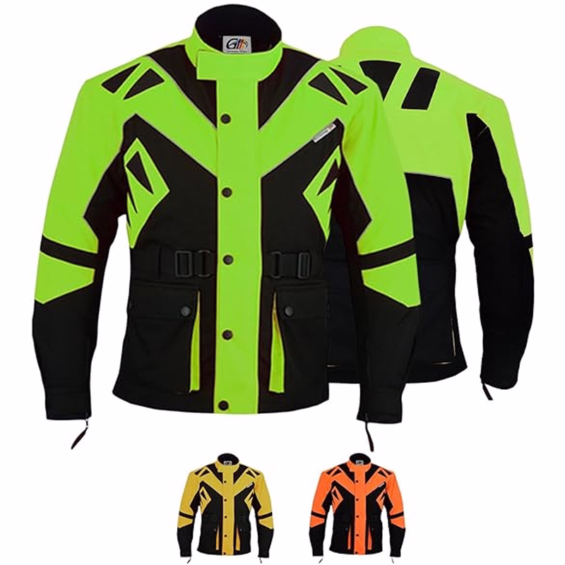 Herren-Textil-Motorradjacke Herren-Motorradjacke in Grün, Modell GW300J, Vorder- und Rückansicht. Mit Schulter-, Ellbogen- und Rückenprotektoren ausgestattet. Zwei Fronttaschen mit Druckknopfverschluss. Erhältlich in 3 weiteren Grundfarben.