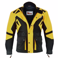 Textil-Motorrad-Kombijacke in Gelb, Vorderansicht, Modell GW300J. Sorgfältig aus Cordura gefertigt, mit Polyesterfutter, verstellbarem zweiteiligem Gürtel und reflektierender Paspelierung an der Vorderseite.
