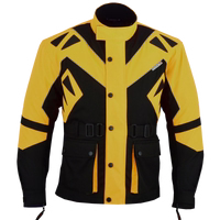 Herren-Motorrad-Kombijacke in Gelb, Vorderansicht, mit zahlreichen Protektoren. Sorgfältig aus Cordura gefertigt, innen Polyesterfutter. Mit wasserabweisendem Nylon und zwei Fronttaschen mit Druckknopfverschluss.
