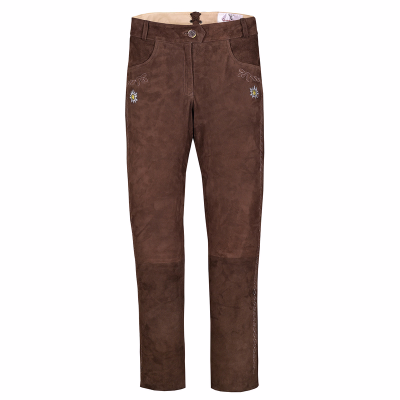 Long ladies leather pants A front view of long dark brown ladies' leather trousers featuring a button closure and intricate embroidery. Made from 100% suede, these durable and reliable trousers showcase elegant craftsmanship typical of German wear.