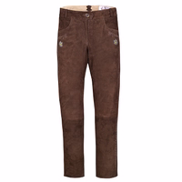 A front view of long dark brown ladies' leather trousers featuring a button closure and intricate embroidery. Made from 100% suede, these durable and reliable trousers showcase elegant craftsmanship typical of German wear.